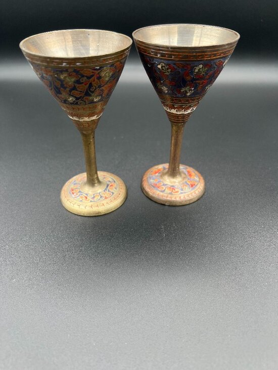 Antique 1910s Brass Cups With Enamel Inlay (Set of 2)